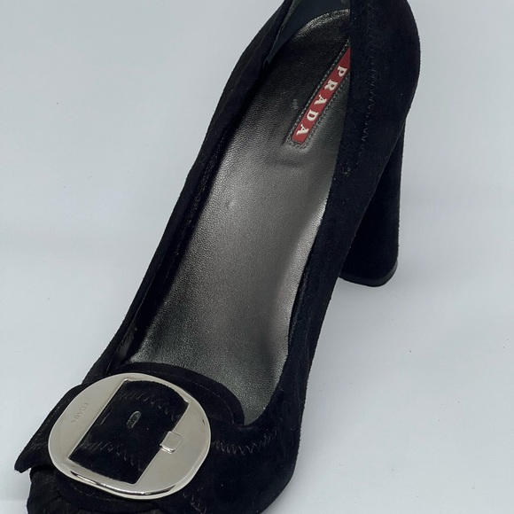 PRADA BLACK SUEDE LEATHER SILVER BUCKLE CHUNKY HEELS EU 41 AU 10 DESIGNER CHIC - Picture 16 of 16